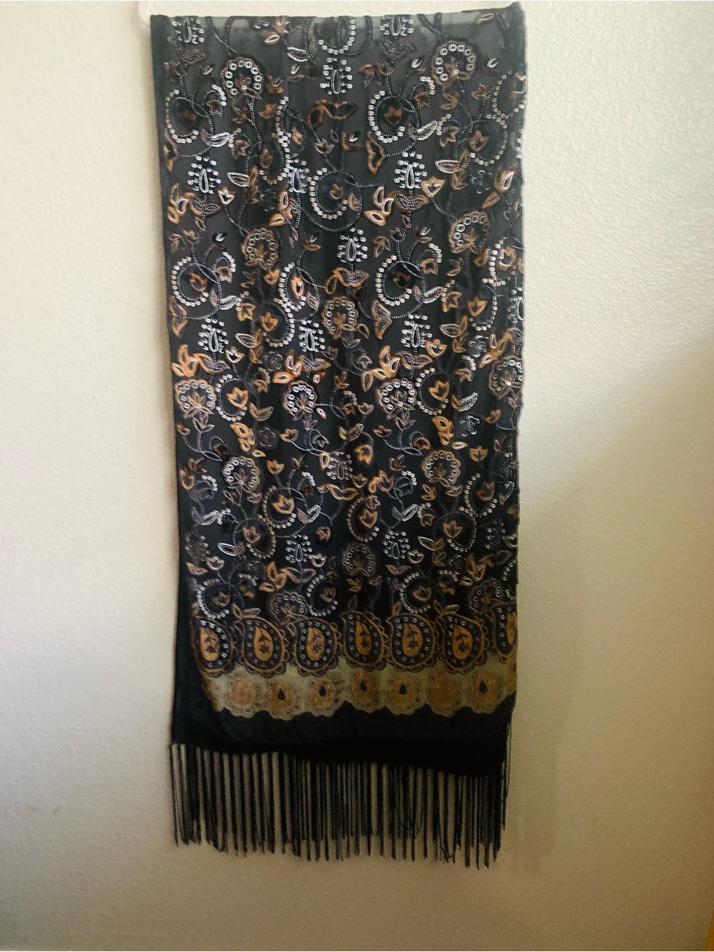 Velvet Burnout Paisley Shawl Black Gold Fringe Boho Evening Wrap 71 in Scarf